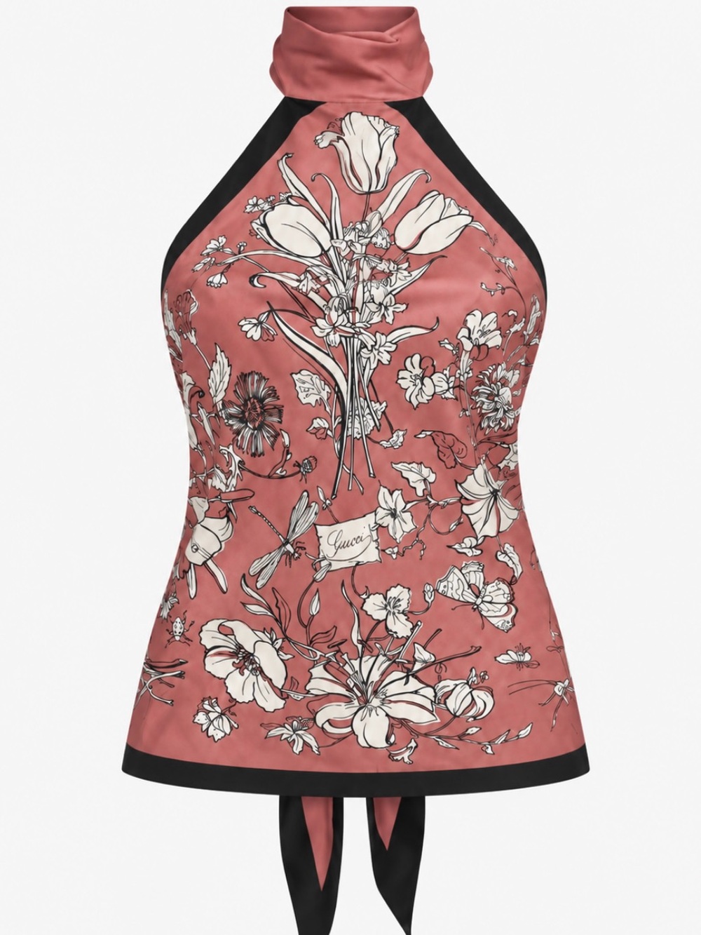 Gucci Silk Floral Print Halter Neck Top Pink Black White